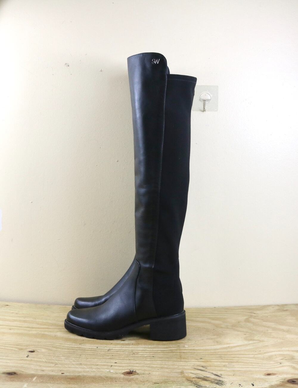 New Stuart Weitzman Boots 6.5B Black Leather KEELAN City Over The Knee Shoes